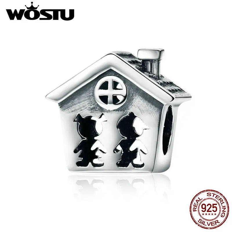 WOSTU 100% Pure 925 Sterling Silver Openwork Boy and Girl Loving Home Family Beads for Women Charm Bracelet Warm Gift BKC538