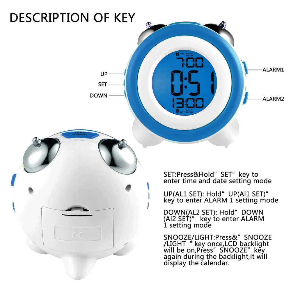 Round Digital Led Alarm Clock Double Bell Small Mute Table Clock Cute Clock for Kids Home Decor