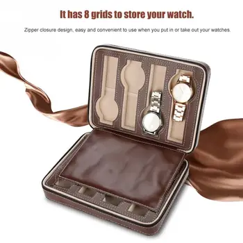 

Brown Colors 8 Grids Watch Display Storage Box Zipper Travel Collector Case Organizer Makeup Kits Tools