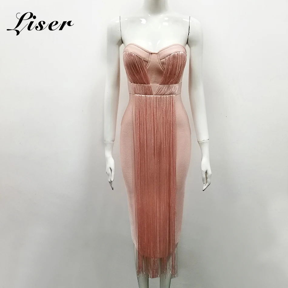 

Liser 2019 New Spring Women Dress Strapless Tassel Bandage Dress Sexy Bodycon Elegant Club Celebrity Party Pink Dresses Vestidos