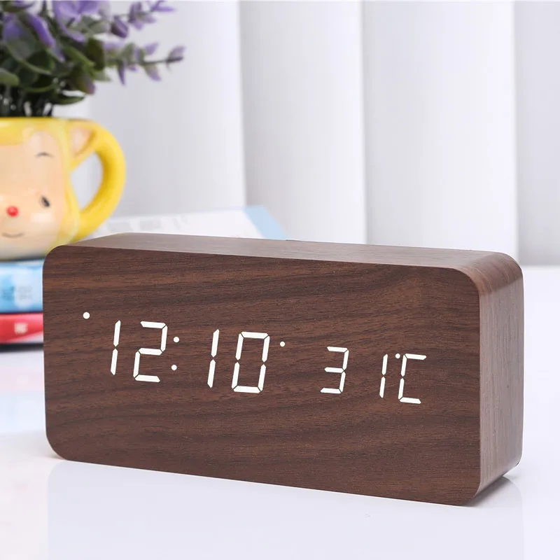 

LED Digital Alarm Clock Wooden Wireless Charging Charger Thermometer Voice Control MYDING