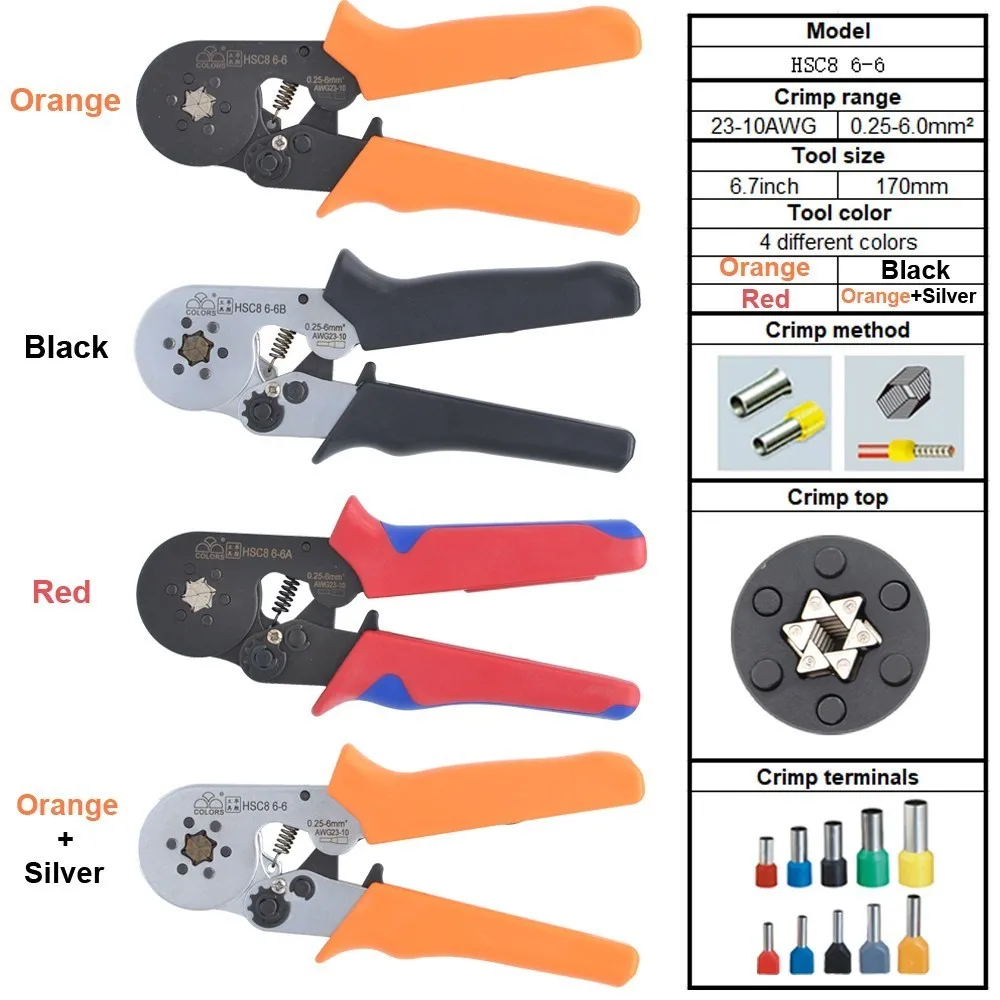 6-6 0.25-6mm 23-10AWG Hexagon& 10S 0.25-10mm 23-7AWG Quadrilateral Tube Bootlace Terminal Crimping Pliers Crimp Hand Tools HSC8 - Цвет: 6-6