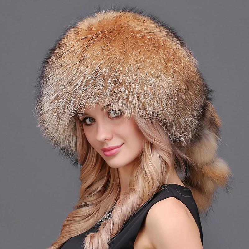 Women Winter Real Natural Fur Silver Red Fox Hat With Pom Pom Fox Tail Lady Winter Warm Hats Soft Hairy Cap