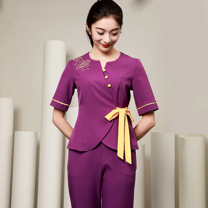 2018 Short Sleeve Purple SPA Uniform Set Nurse Costume Work Wear Beauty