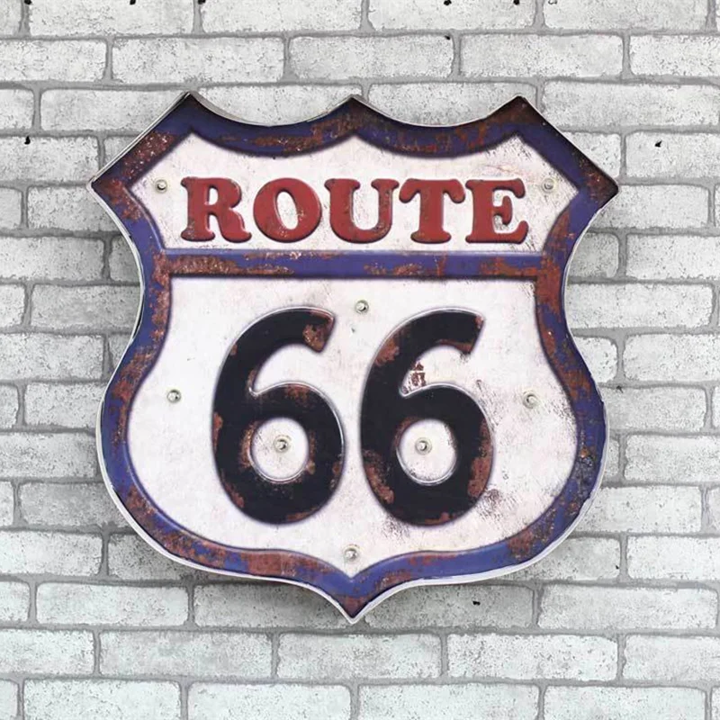 

American Route 66 LED Neon Light Lamp Vintage Metal Tin Signs Iron Poster Retro Art Wall Decor for Garage Home Bar Pub Club