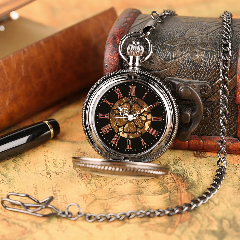 Vintage Sliver Case Hand Winding Mechanical Steampunk Gold Skeleton Rome Number Poket Watch Momen Crude Chain Clock Luxury Gift  (12)