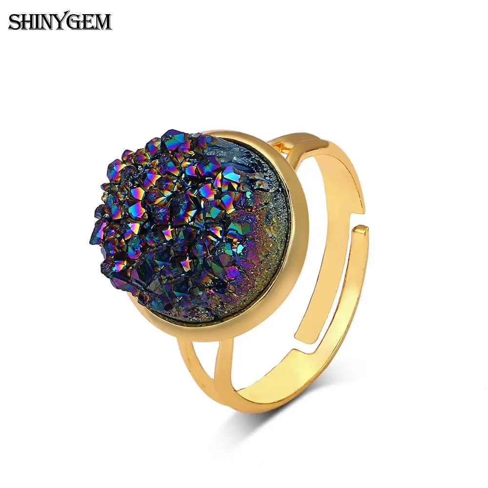 

ShinyGem Natural Druzy Opal Ring Gold Plating Big Stone Rings For Women Adjustable Size Multi Colors Elegant Crystal Party Rings