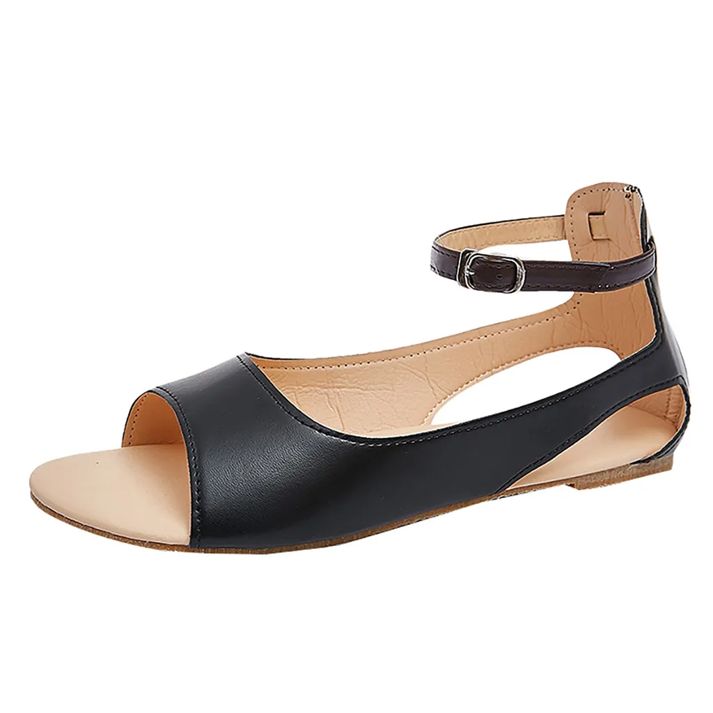 

New Fashion Women Soild Buckle Peep Toe Flat Shoes Party Casual Sandals black women's summer footwear sandales femme 2019 #4gh