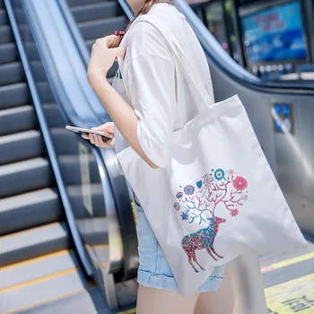 

High Quality Cotton Canvas Eco Handmade White Cartoon Animal Bags Storage Bag Shoulder Handbags Shopping Zipper Tote Bag