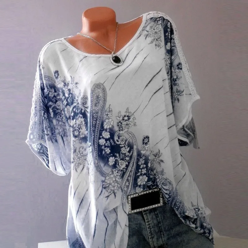

Spring S-5XL Plus Size Women Tops Summer Short Sleeve O Neck Floral Print Loose Blouses Casual Lace Fashion Tops Shirts Blouses