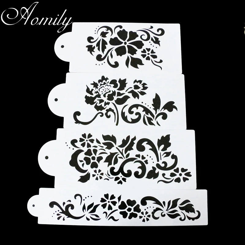 

Aomily 4pcs/Set Plastic Art Flowers Cake Stencil Airbrush Painting Art Mold Cookies Fondant Molds DIY Cake Mousse for Cakes