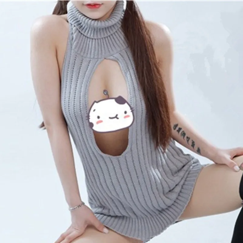 UHYTGF Sexy Women Backless Virgin Killer Sweater Bodysuit Turtleneck Open Chest Hollow Japanes Knitted Sweaters Pullovers 322