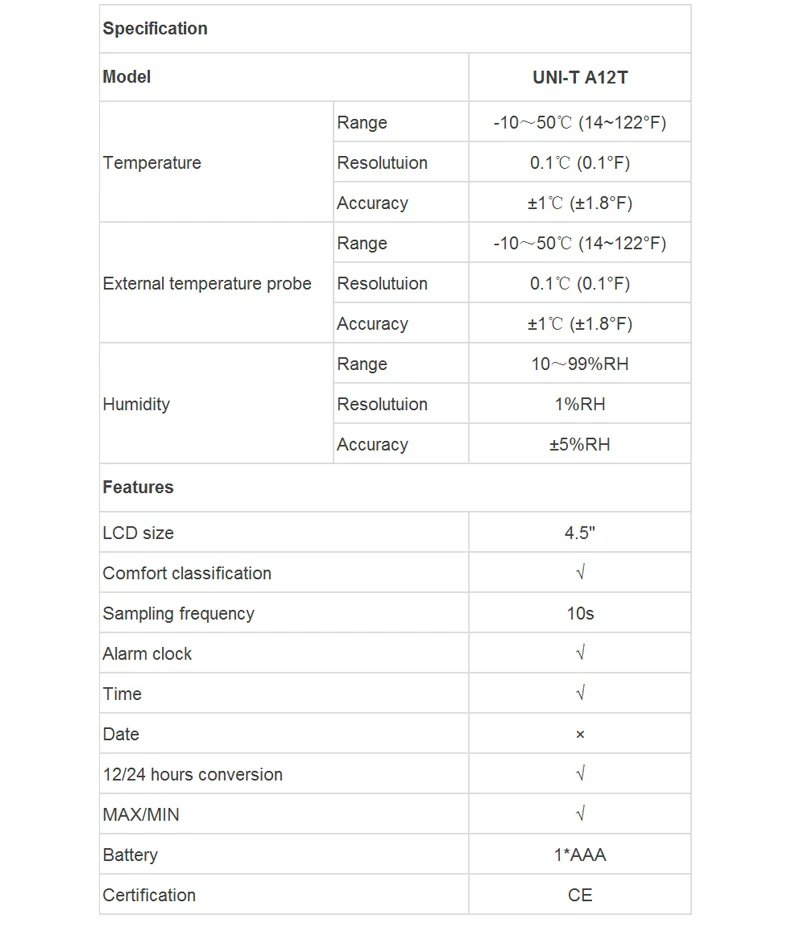 UNI-T A12T A13T цифровой ЖК-термометр гигрометр Измеритель температуры и влажности Будильник Погода в помещении наружный измерительный прибор