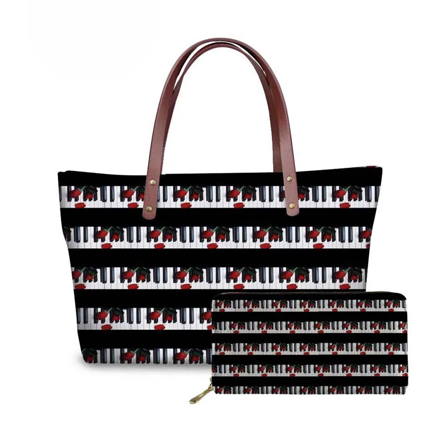 

NOISYDESIGNS Music Note Printing Shoulder Bags for Women 2pcs/set Handbags Piano Pattern Top-Handle Bags Females Travel Hand Bag
