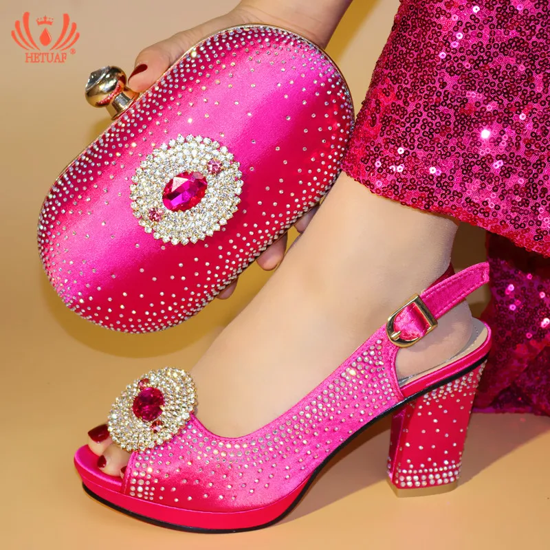 

Fuchsia Color 2018 New Arrivals Autumn African Ladies Shoes and Bag Set with Crystal 10CM Heels Women Italian Shoes With Bag Set