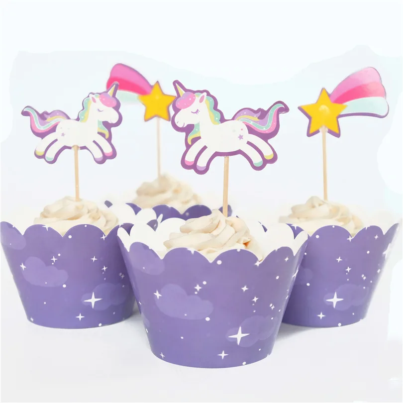 

12sets Purple Unicorn Cupcake Wrappers with Toppers Baby Shower Kids Birthday Party Decor Cake Dessert Decoration Supplies