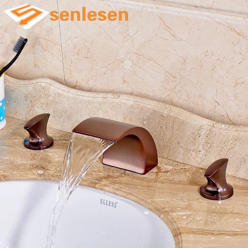 

Factory Retail Bathroom Hot Cold Faucet Dual Handles Waterfall Spout Widespread Basin Water Taps