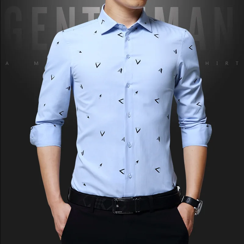 sky blue shirt BROWON, новинка, мужские рубашки с Аргайлом, с принтом, жаккардовая, деловая рубашка, мужская, с длинным рукавом, обычная, не железная, корейский стиль - Цвет: sky blue shirt