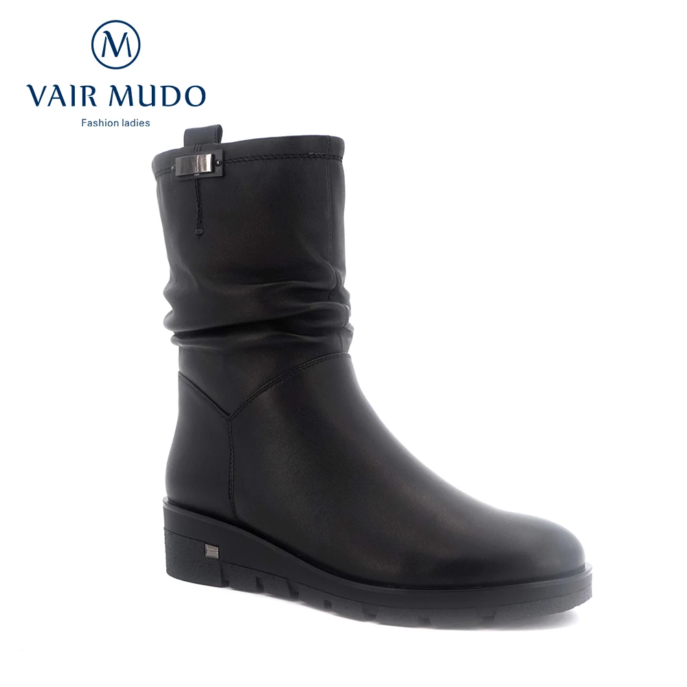 

VAIR MUDO New Fashion Black Genuine Leather Winter Boots Short Plush Round Toe Comfortable Low Heel Mid-Calf Sexy Lady Boots JX1