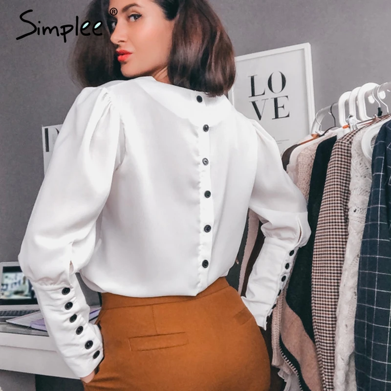 Acheter Simplee col en V femmes blouse chemise manches bouffantes bouton blanc blouse automne hiver dame petit haut femme bureau en mousseline de soie blouse hauts