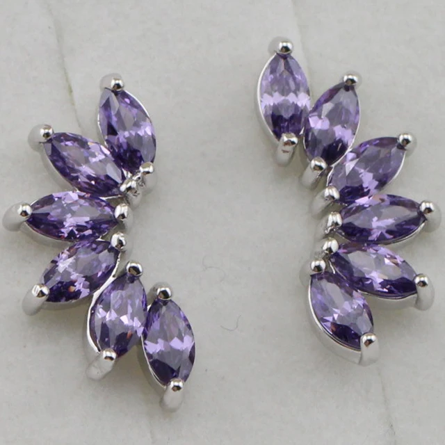 Amazing Special Grace Wing Purple CZ Gems Earrings Stud Rhodium Plated