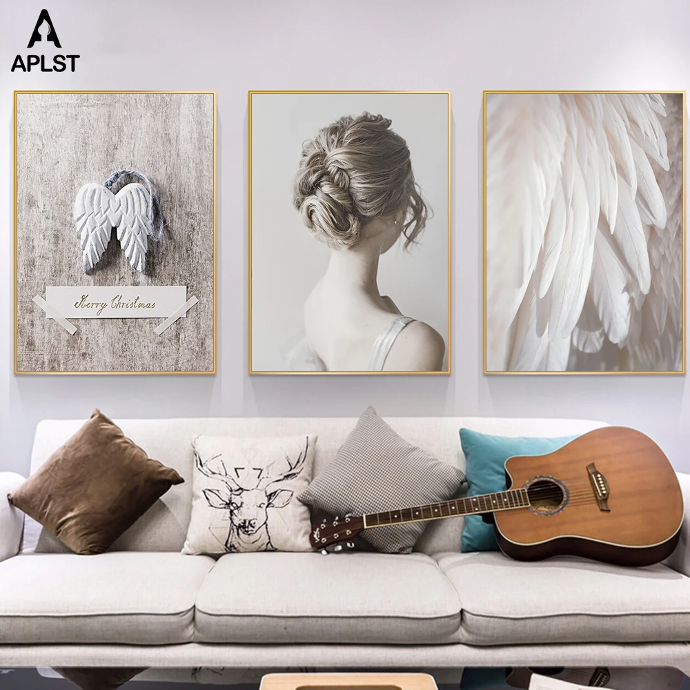 

Retro Angel Wings Merry Christmas Canvas Prints Naked Woman Feathers Painting Printing Posters Modern Wall Art Living Room Decor