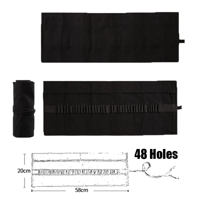 Простая черная Холщовая Сумка для карандашей, милая Складная тканевая занавеска для карандашей высокой емкости, коробка для ручек для детей, школьные товары для рукоделия - Цвет: 48 Holes