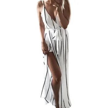 

2019 MAXIORILL New Women's Signature Slit Stripe Dress With Thin Shoulder Strap And V-Neck плать Wholesale T3