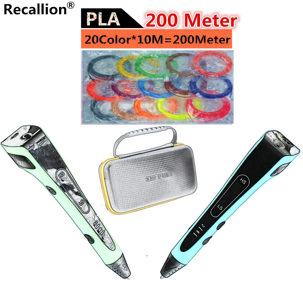 

RECALLION 3D Pen LED Screen DIY 3D Printing Pen+100/200m 20Color PLA Filament Creative Toy Gift For Kids Design Drawing Pen 3D
