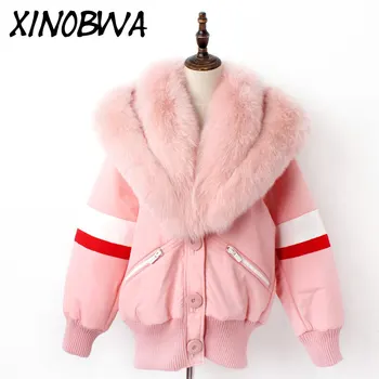 

Women Winter High Fashion Large Natural Fox Fur Removable Collar Thick Warm Jackets Female Casual Single Breasted Bat Coat Parka