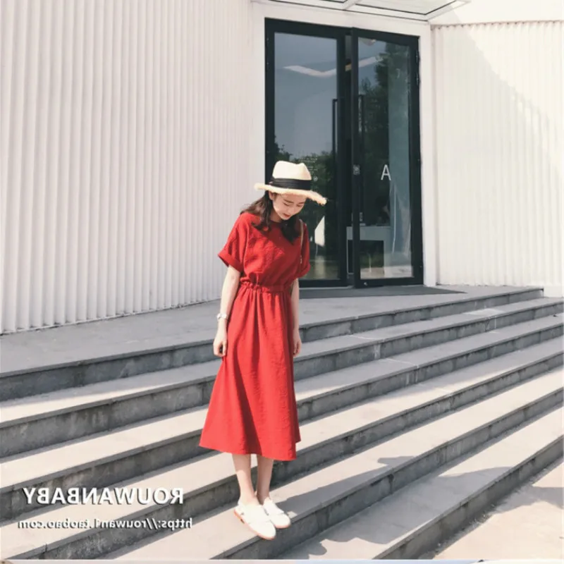 

Women Wine Red Waist Control Hollow Out Beach Dress Spring Summer Loose O-neck Short Sleeves Button Holidays Casual Dresses