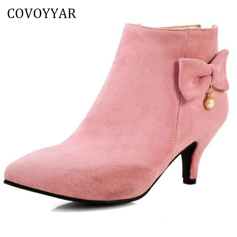 

COVOYYAR Big Sizes 2018 Elegant Bowtie Ankle Boots Autumn Winter Pearl High Heel Women Boots Back Zip Flock Women Shoes WBS777