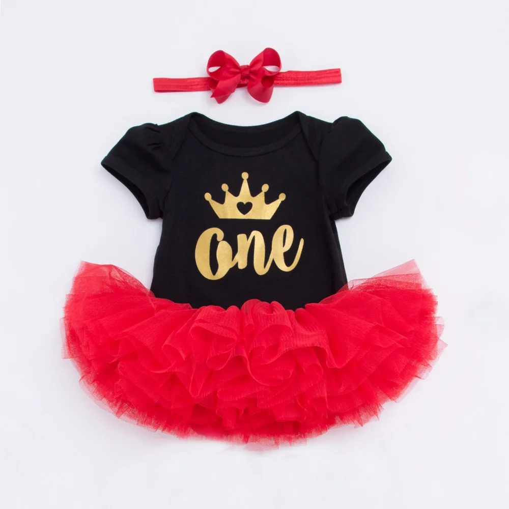 

YK&Loving Summer girl baby clothing set 0-2 year kids black short sleeve brithday party primary red dress one two gold crown