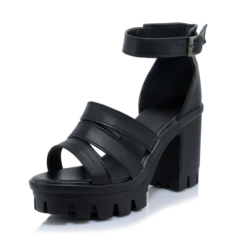 

Summer Breathable Sandals Shoes Woman PU Leather Black White Super High Chunky Heels Platform Buckle Strap Gladiator Sandal Lady