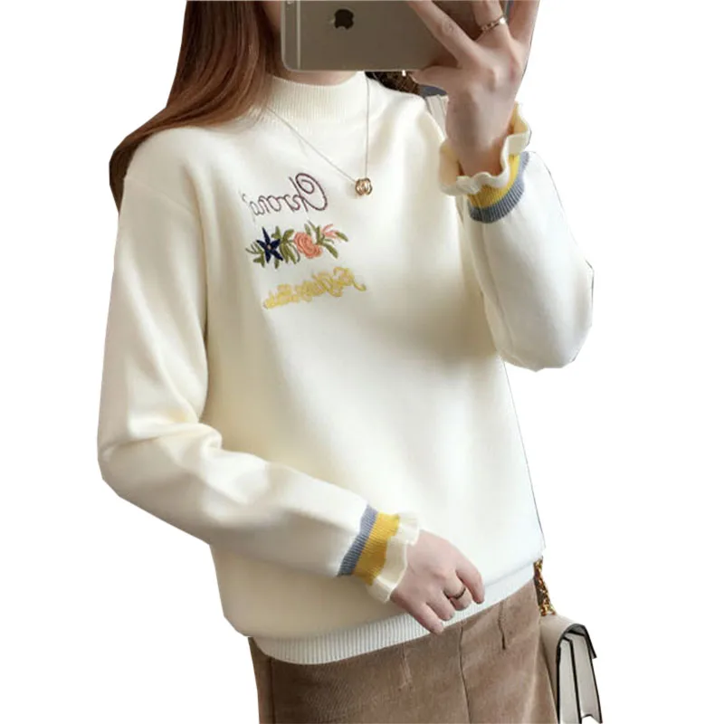 Autumn Winter Women Half Turtleneck Sweater Casual Pullover Thicken Warm Embroidery Butterfly Sleeve Knitted Sweaters PW1105