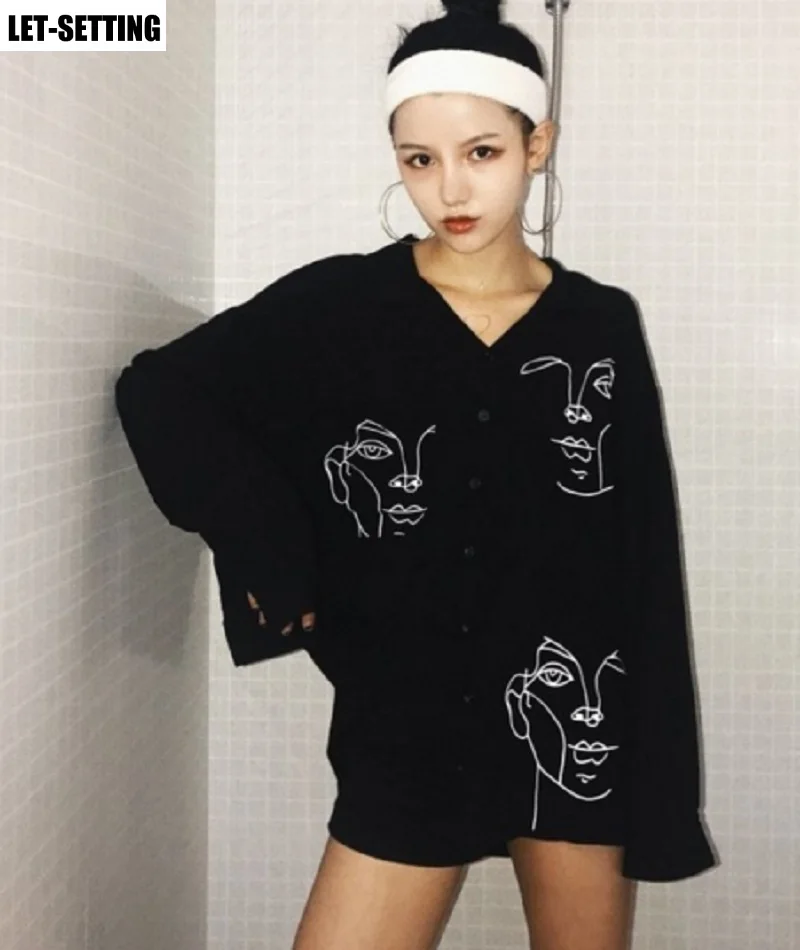 

spring autumn women casual loose cartoon printed cardigan long-sleeved vintage tops long shirt M-2XL,black,white