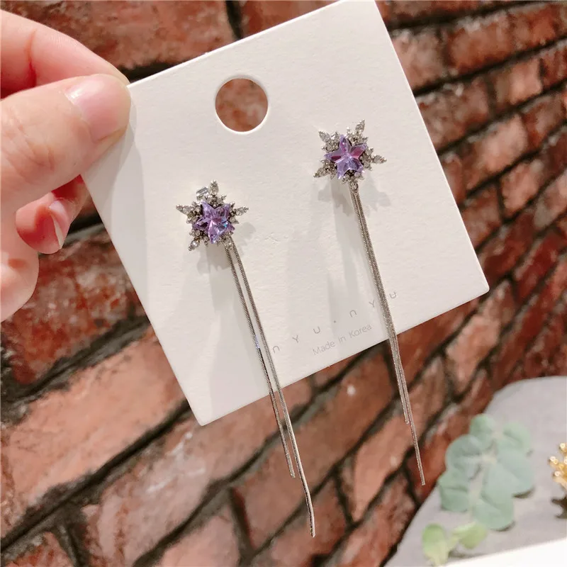 

Korean Fashion Earrings silver needle purple snowflake chain earrings drop earrings for women long crystal earrings jewelry