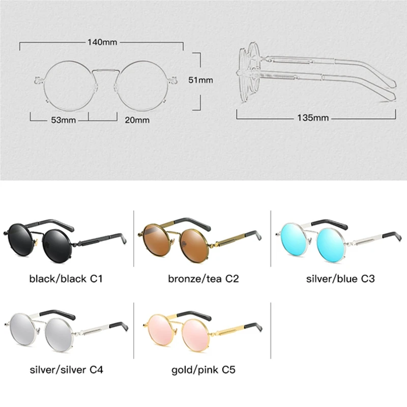 HBK 2019 Round Metal Sunglasses Steampunk Men Women Fashion Glasses Brand Designer Retro Vintage Sunglasses UV400-12