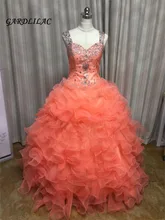Novo Estoque Coral Vestidos Quinceanera 2019 Frisada vestido de Baile Longo Vestido de Baile Vestidos De 15 16 Anos