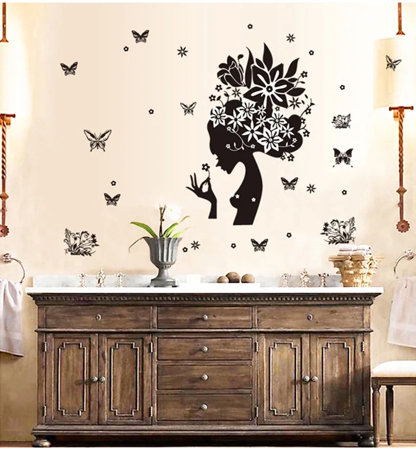 Woman Image Think Happy Be Wall Sticker Decal Mural DIY Home Decor Butterfly Applique Girl For Houseroom Deco #45 | Дом и сад