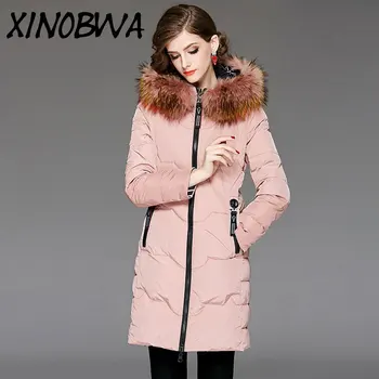 

Europe New Women Winter High Fashion Big Real Fur Collar Pocket Straight Thick Warm Down Jackets Female Office Formal Long Parka