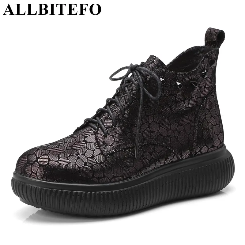 

ALLBITEFO fashion genuine leather high heels ankle boots women Stone texture autumn winter ladies boots girls motorcycle boots