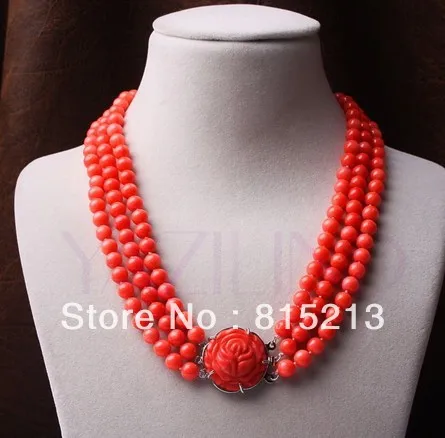 

ddh0046 7.5mm orange coral beaded carved rose flower pendant 3 row silver necklace 28% Discount