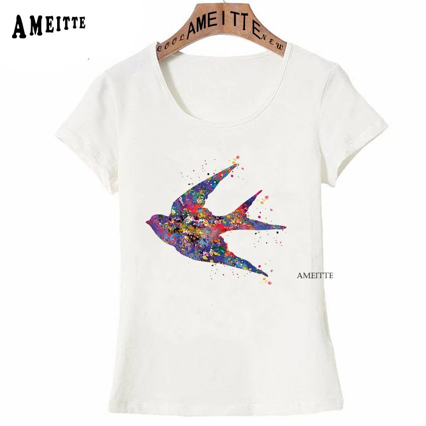 

Summer Fashion Women t-shirt Colorful Swallow Watercolor T-Shirt Cute Bird illustrations Print Girl Casual Tops Woman White Tees