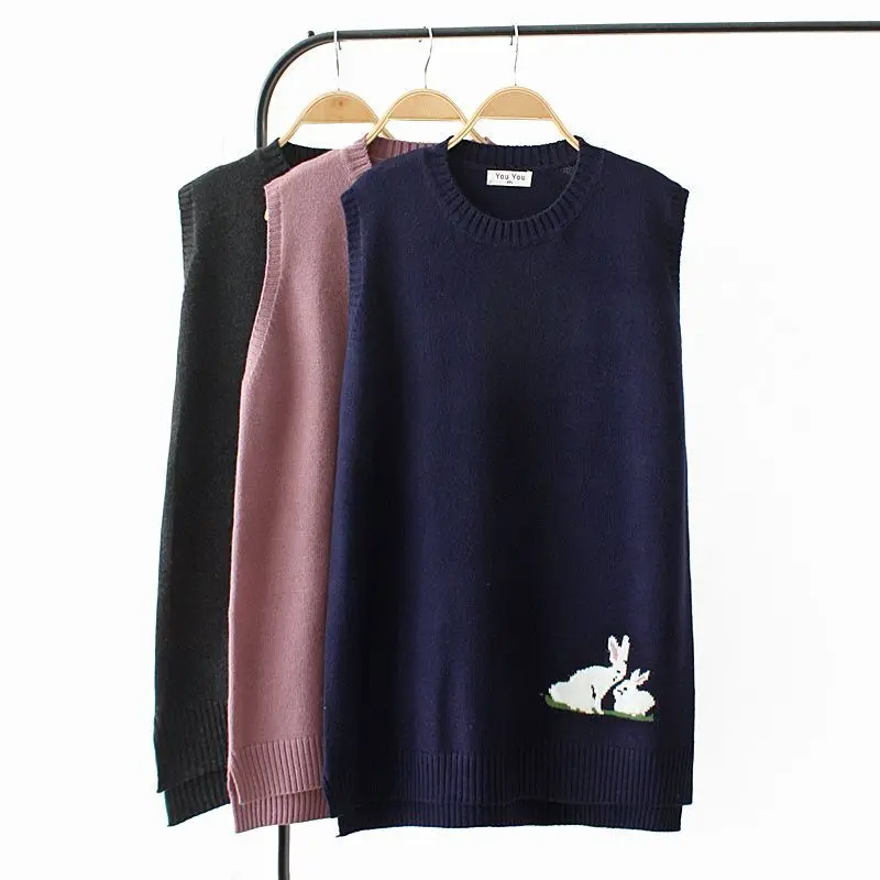 

Cute Rabbit Embroidery Women's Sleeveless Vest Lovely Animal Knitted Female Gilet Asymmetry O-neck Sleeveless Sweater Coat Women