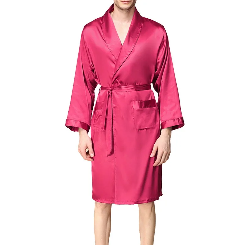 Мужская Весна сатин из искусственного шелка спальный халат Весенняя ночная рубашка мужской банный халат Домашняя одежда сексуальная ночная пижама плюс размер 5XL - Цвет: wine red