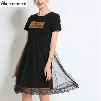 

Summer Cotton Dress Women Clothing Black O-neck Letter Sequins Beading Short Sleeve A-line Dress Plus Size 5XL 4XL 3XL 2XL XL-M