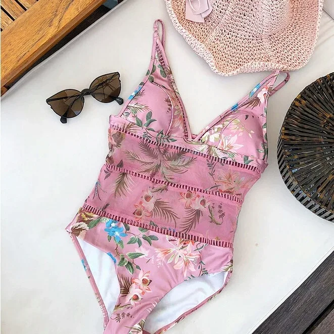 

Red RoosaRosee New High Quality Floral Print Slim High Waist Female Hollow Out Deep Sexy V Collar Hot Summer Sumpsuits Bodysuit