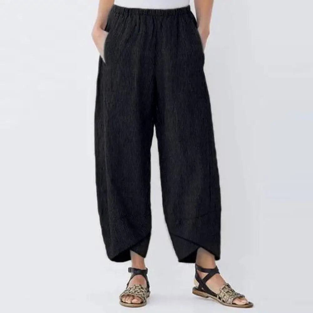 

Sumemr Retro Print Pockets Women Elastic Waist Loose Long Trousers Linen Harem Pants Cotton Casual Splice Pantalon ED