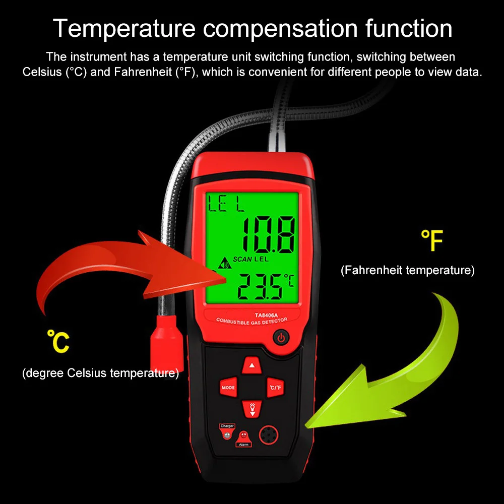 

TA8406A Charging Power Handheld Natural Gas Detector Combustible Gas Sniffer Methane Leak Sensor Alarm LED light Alarm Buzzer